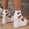 Women's White Faux Cover Wedge Sandals - 12cm Extra High Heel, Peep Toe with Cut-Out Design, Glossy Finish, Back Zipper Closure for Casual