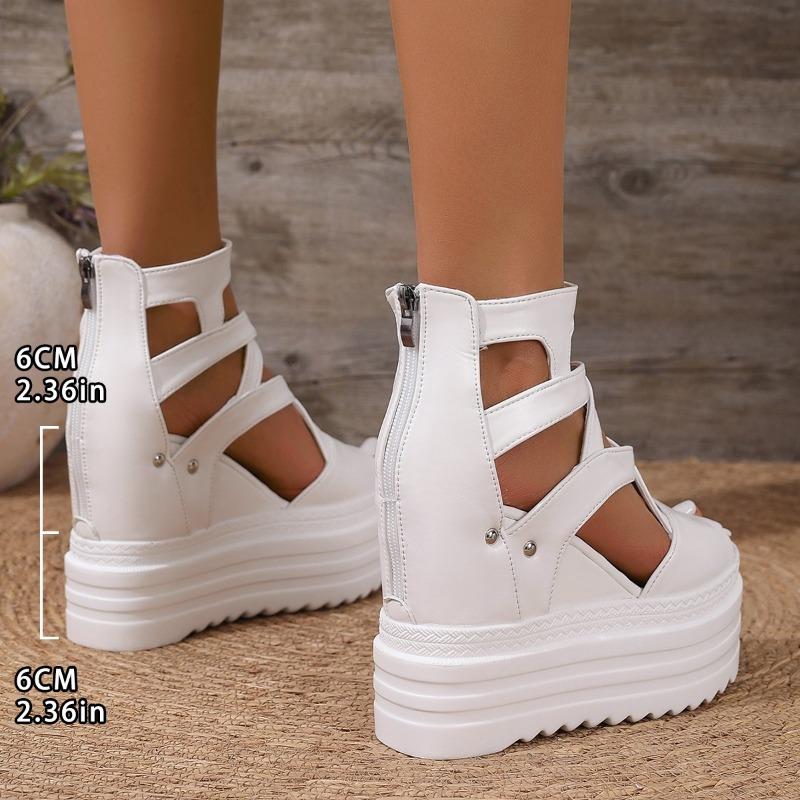 Women's White Faux Cover Wedge Sandals - 12cm Extra High Heel, Peep Toe with Cut-Out Design, Glossy Finish, Back Zipper Closure for Casual