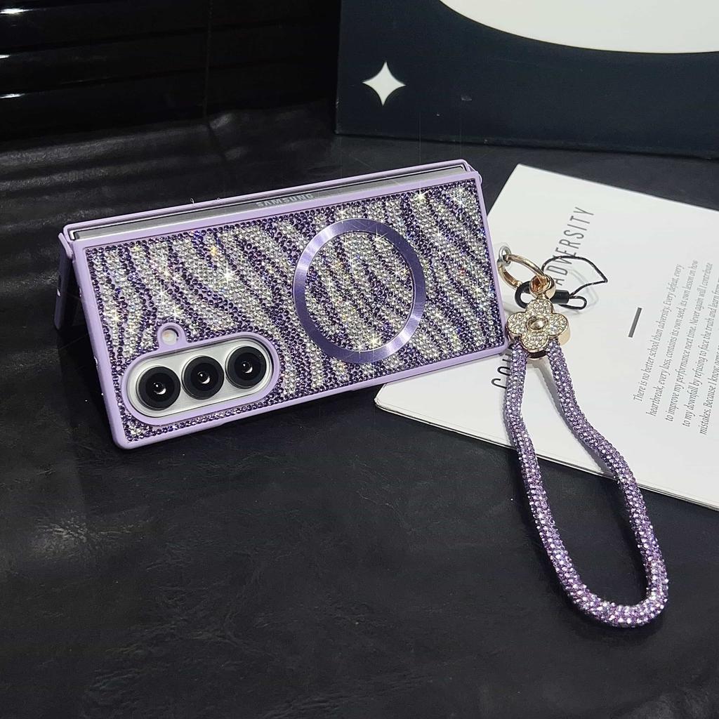 Case for Samsung Galaxy Z Fold7/ 6/ 5/ 4/ 3 with Magsafe Wrist Strap & Crystal Decor Cover Phone Bumpers