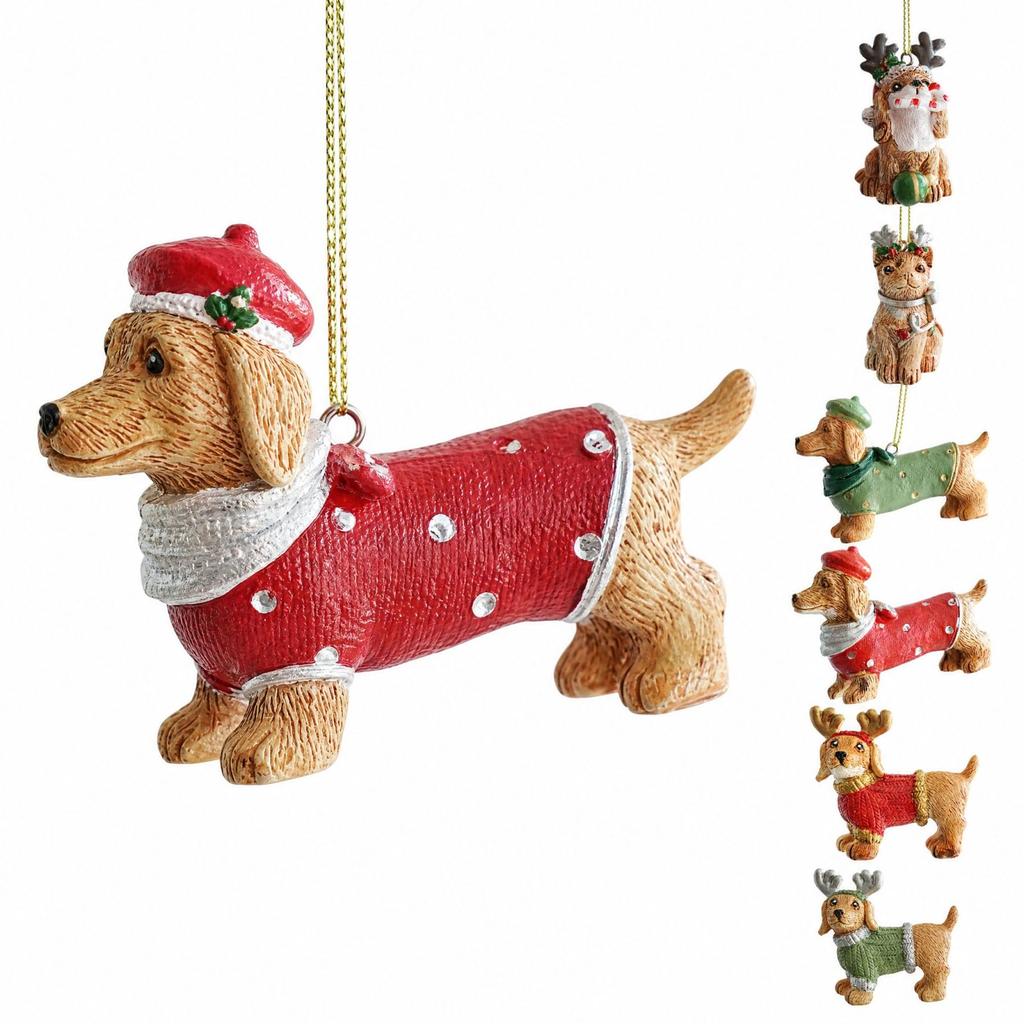 Christmas Resin Dog Shaped Ornament with Antlers and Hat, Hanging Tabletop Decoration for Holiday Home Decor