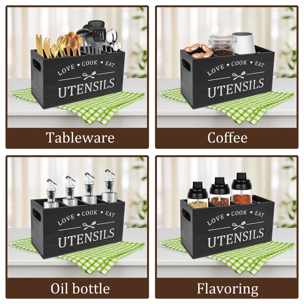 Wood Kitchen Utensil Holder Spoon Fork Tableware Storage Rack Container Kitchen Cooking Utensil Organizer with 4 Compartment New