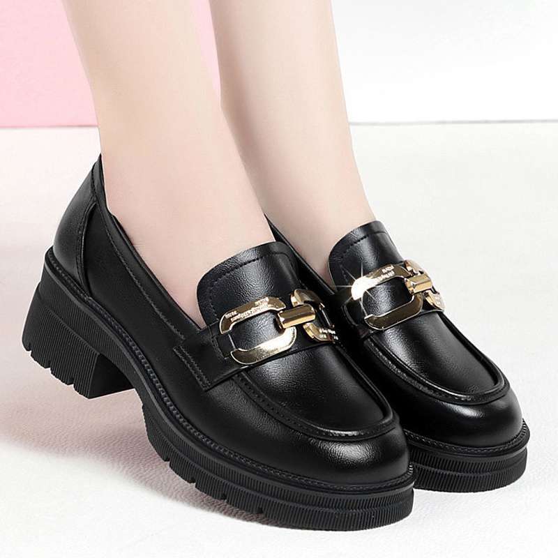 Loafers Women's 2025 Spring and Autumn New Round Head Bright Leather British Style Thick Sole Heightening Small Leather Shoes One Pedal College Shoes