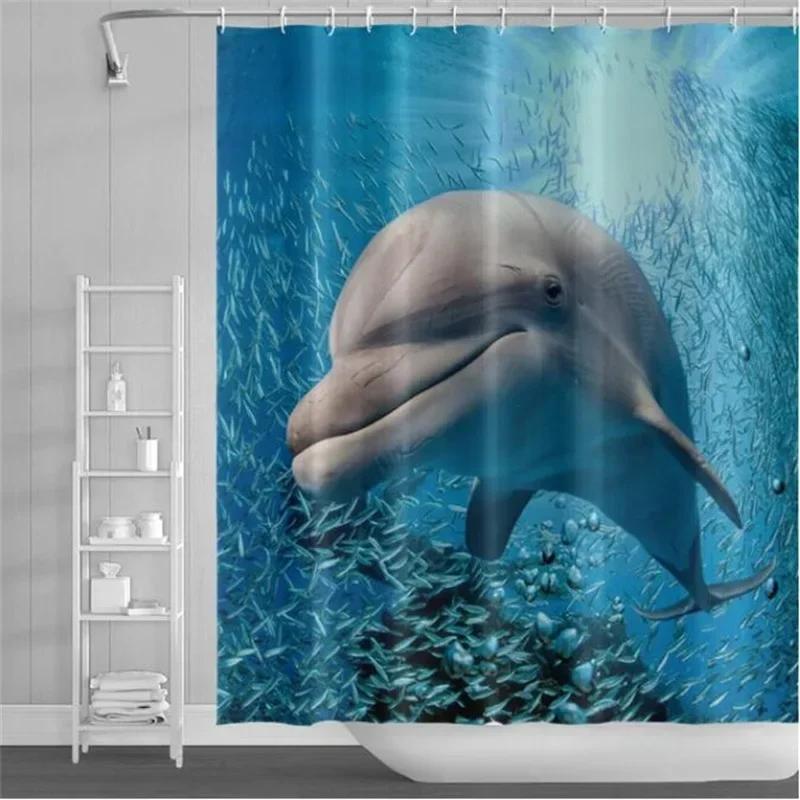 Underwater World Bathroom Shower Curtain Sea Turtle Dolphin Ocean Creature Landscape Bath Curtains Children Cloth Bathroom Decor