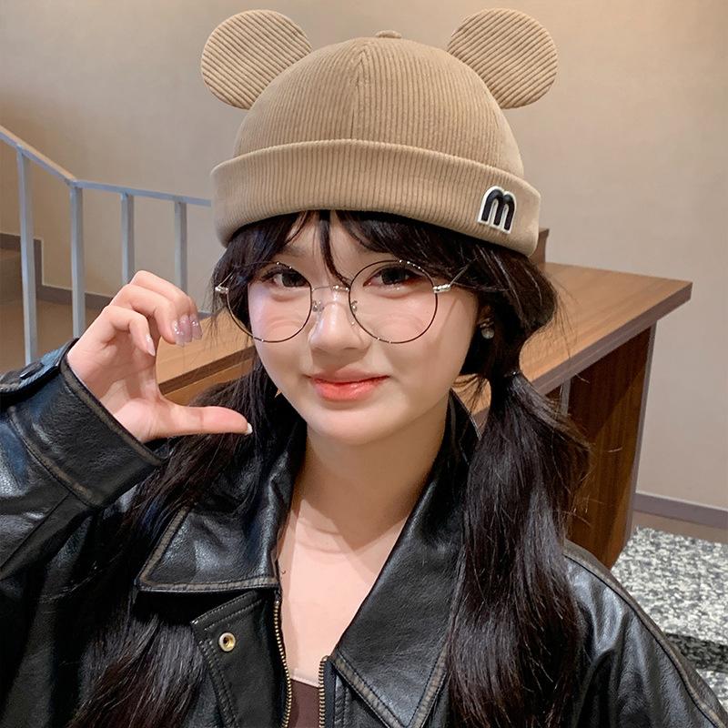 Autumn and Winter New Style Corduroy Cute Kitten Ears Landlord Hat for Women Versatile Face Showing Little Yuppie Melon Skin Hat for Men