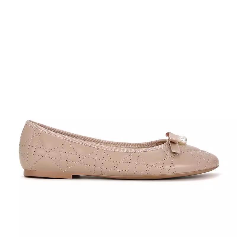Superior Sheepskin Version~ Su Yinyin Pearl Bow Diamond Flat Leather Single Shoes Women's Ballet Shoes