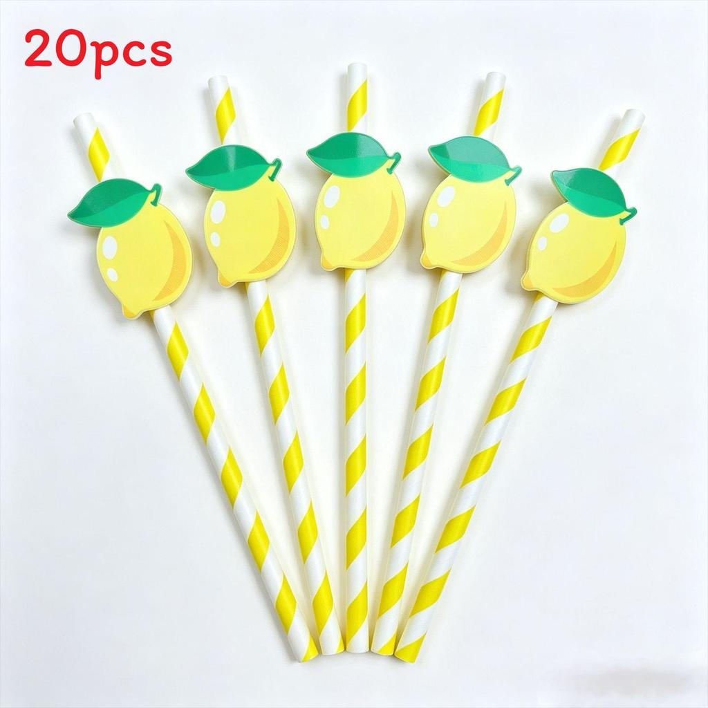Degradable Paper Straws For Parties With Lemon Pattern For Cake Drinks And Cocktails