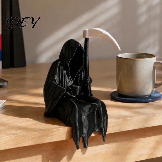 Gotische Schreibtischornamente 3D-gedruckte Sensenmann-Statue mit Kaffee & Sense, Dunkle Stil-Raumakzente Dekor, Einzigartige Kunstfigur für Zuhause Büro Bücherregal