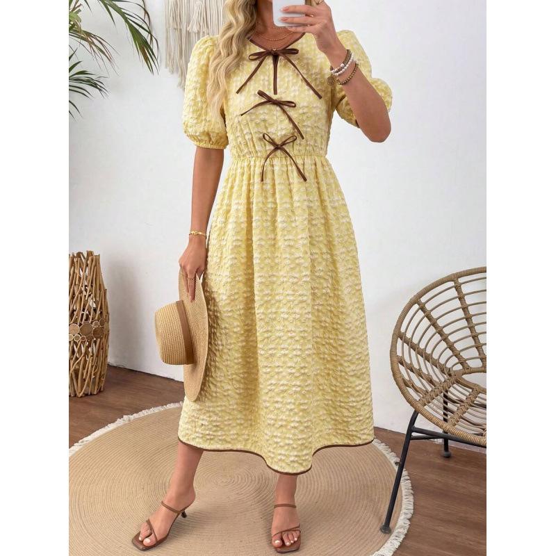 Europe, America 2026 summer new plaid lace-up pleated casual lace-up bubble sleeve dress women