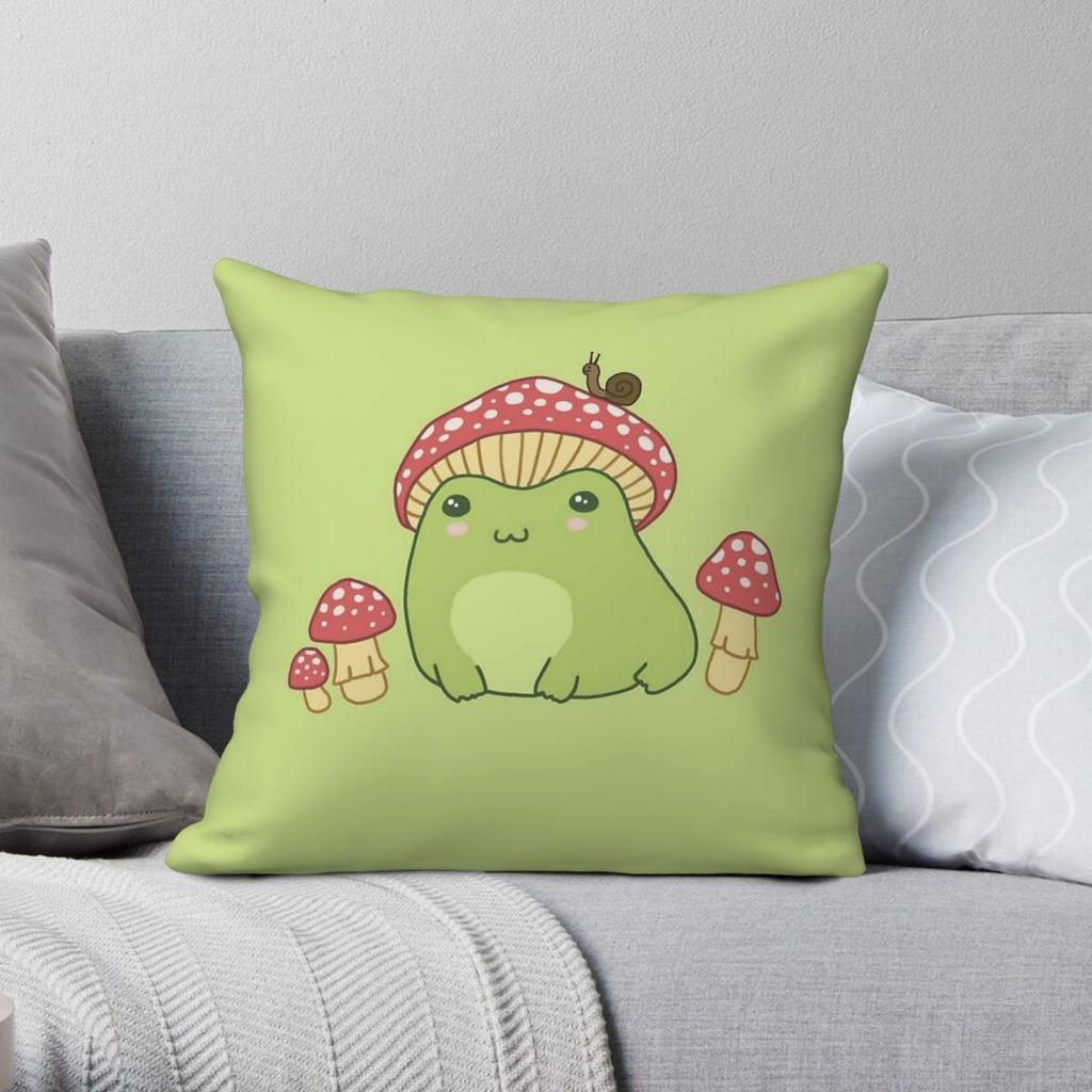 Funda Cuadrada para Cojín Kawaii Rana Sombrero de Champiñón Poliéster Lino Terciopelo Cremallera Decorativa Creativa Funda para Cojín de Lanzar Cubierta de Cojín para Habitación