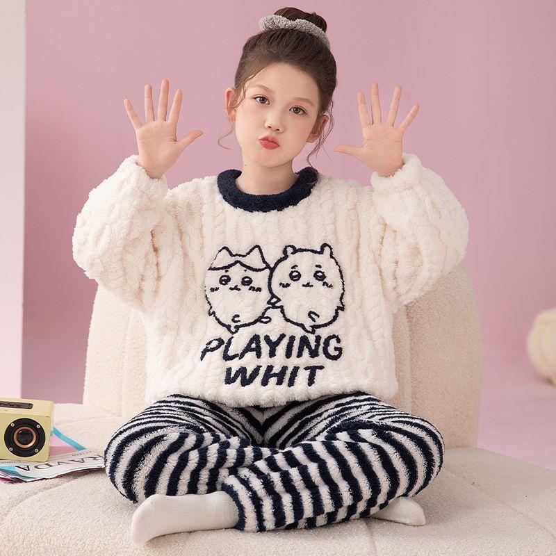 Kids Flannel Pajamas Set Boys Girls Warm Long Sleeve Top And Pants Sleepwear Winter Home Nightwear