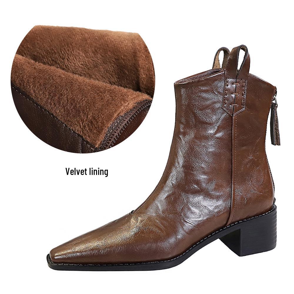 578-10 Retro Hand-Scratched Women's Ankle Boots, European & American Style, Winter Chunky Mid-Heel, Pointed Toe Short Knight Boots