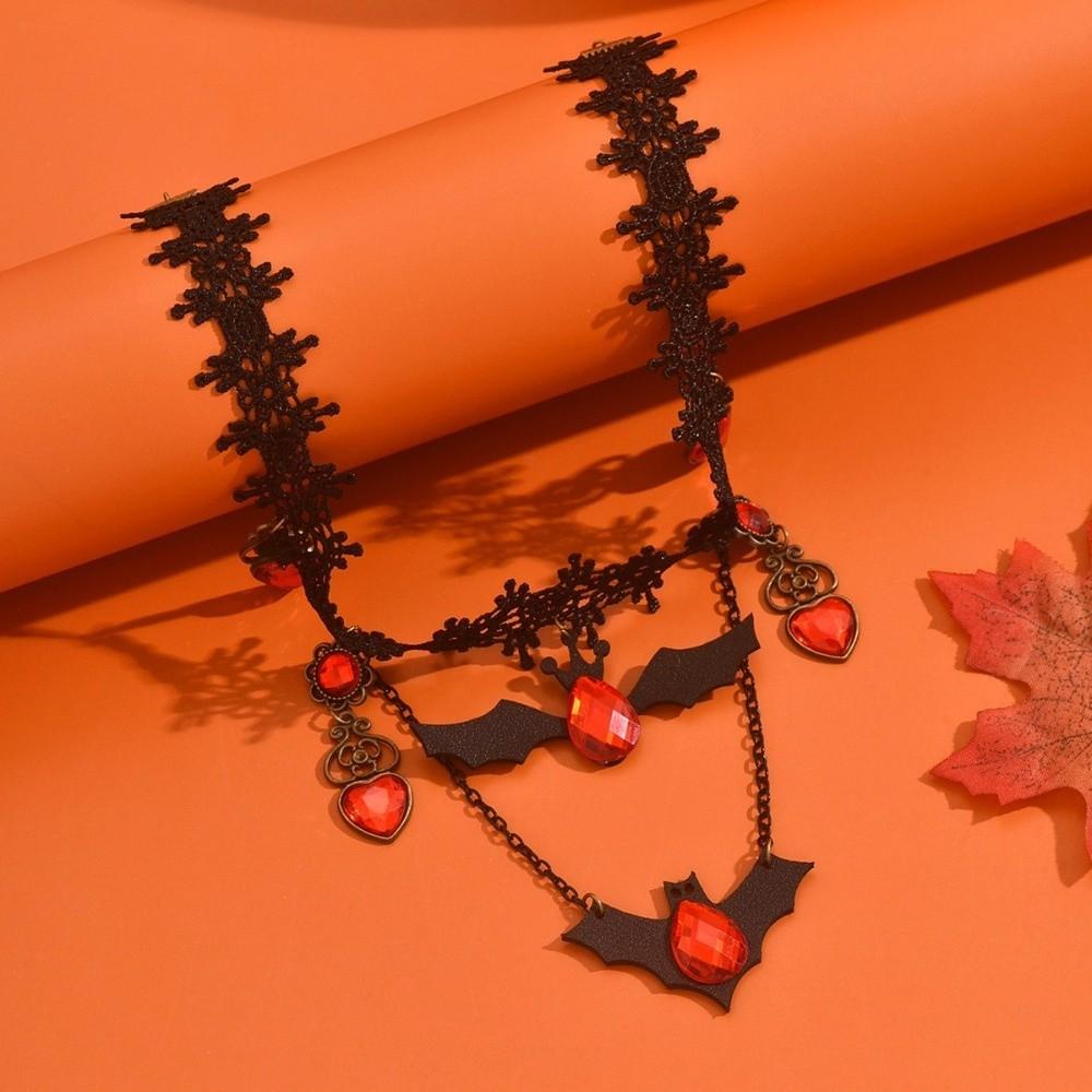 Vintage Gothic Choker Red Rhinestone Heart Bat Earrings Punk Style Halloween Necklace Dress-Up