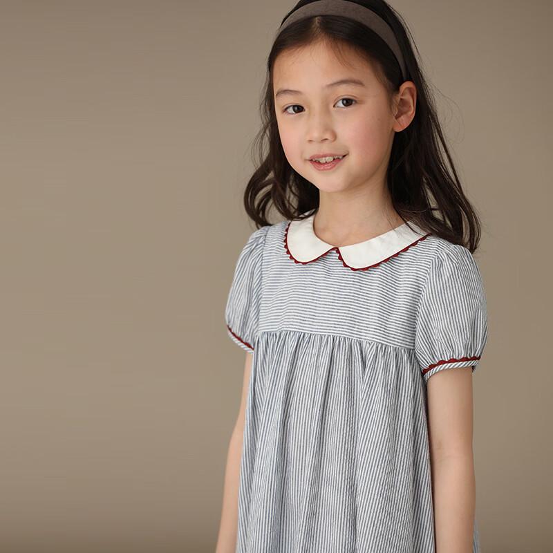 Girls' Short Sleeve Doll Collar Pleated Academy Style Dress