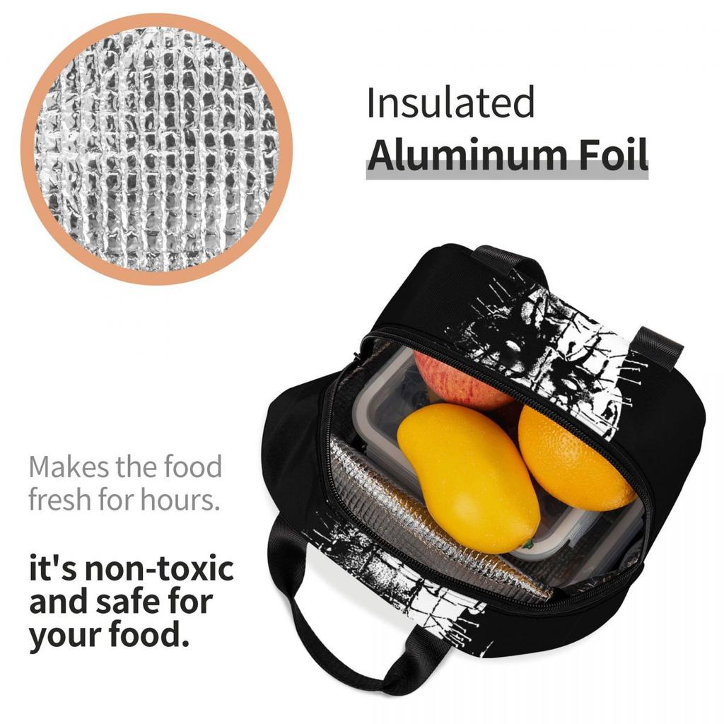 Schwarze Metall-Stiftkopf-Grafik Isolierte Lunchtasche für Damen Büro-Kühler Thermische Lebensmittelbox Tragbare Lunchboxen Behälter