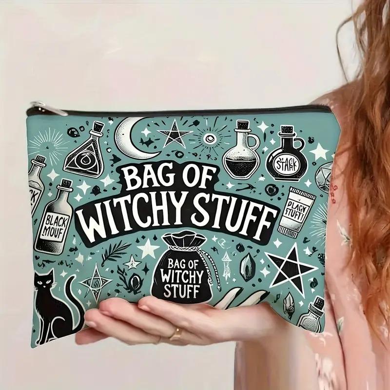 

Mystical Witchy Makeup Bag - Lightweight Zippered Cosmetic Pouch with Double-Sided Witch-Themed Print, Witchy Vibes, Crescent Moon & Stars Design