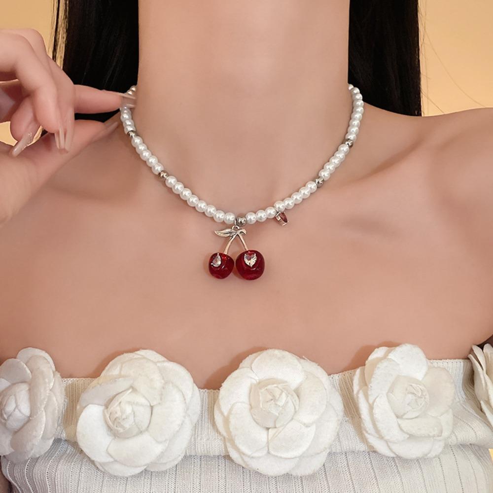 Pendant Cherry Necklace Heart Crystal Ear Studs Exquisite Cherry Jewelry Set  Gift