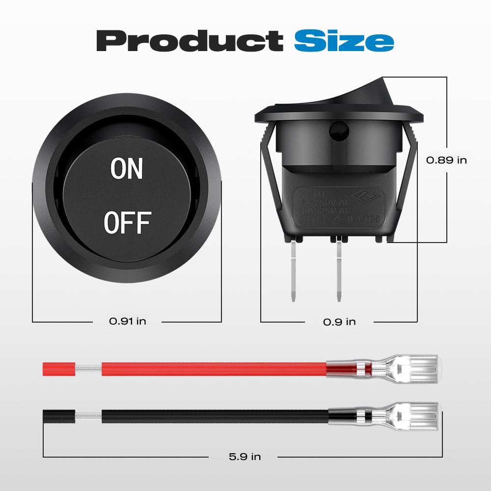 2/5/10Pcs 12V Round Rocker Switch ON/Off SPST 2Pin Toggle Switch with Wires 6A/250V 10A/125V AC for Automotive Boat etc