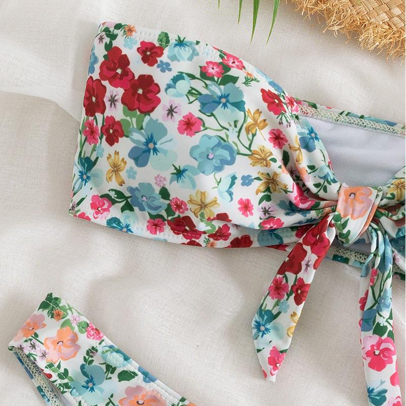 Floral Print Bandeau Bikini Set Off Shoulder Push Up Swimsuit Women Tube Top Bikinis Knot Swimwear Sexy Summer Bathing Suit