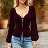 Women's Velvet Long Sleeve Tie-Front Blouse for Casual Everyday Wear