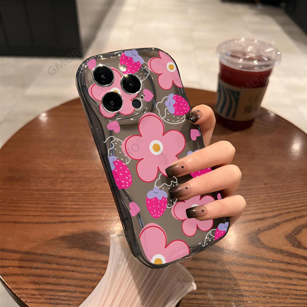 Pink Strawberry Flower Applies To Apple 17promax Mobile Phone Case Iphone15 Airbag 14P Anti-drop Protective Case