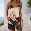 Women Plus Size Sleeveless Cami Short Romper Abstract Leaf Boho Plant Print Jumpsuit With Side Pockets