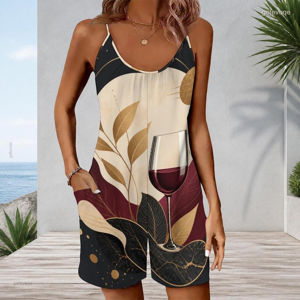 Women Plus Size Sleeveless Cami Short Romper Abstract Leaf Boho Plant Print Jumpsuit With Side Pockets