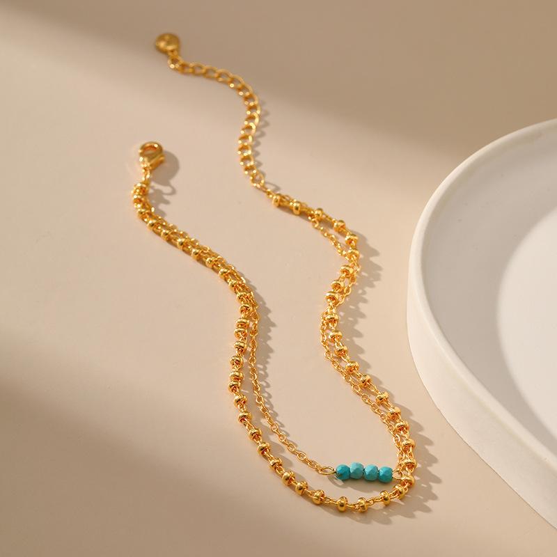 Gold Plated Double Layer Beaded Chain with Turquoise Accent Anklet