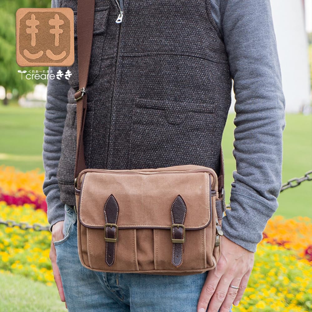 creare Kiki Men's Shoulder Bag, Crossbody, Lightweight, Made in Japan, Kimono Style, Persimmon Tannin Dyed, Kurashiki Canvas, Multi-Function Pocket