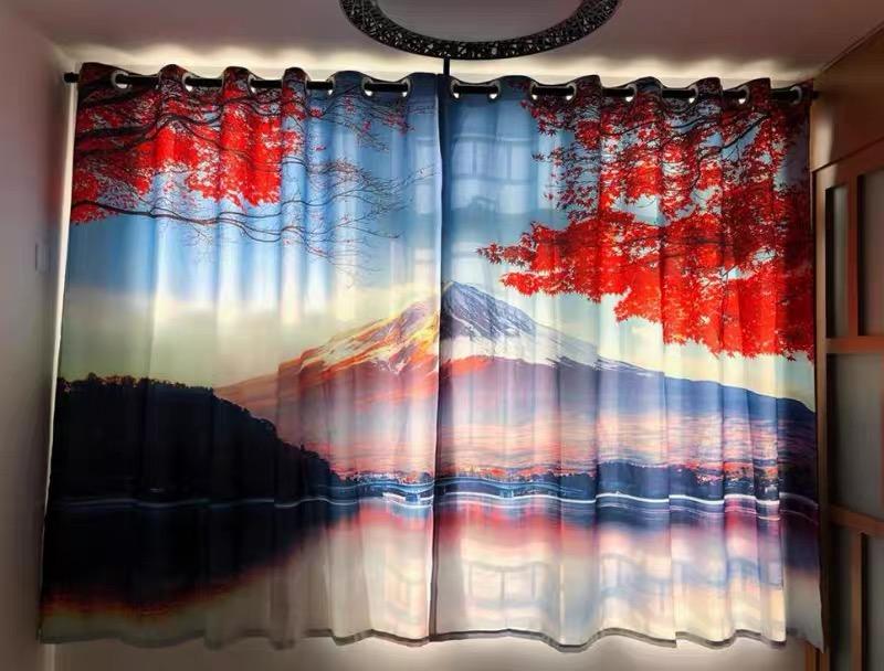 Custom Japanese Landscape Curtains Mount Fuji Red Maple Tree Theme Japanese Restaurant Window Semi-blackout Curtains 2Panels