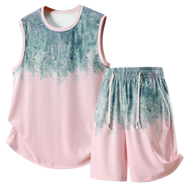 Men's Plus Size Tie-Dye Gradient 2-Piece Set, Waffle Knit Tank Top & Shorts (5XL-11XL)