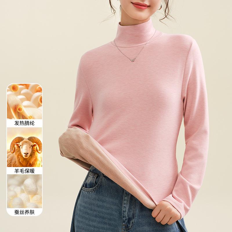 Women's Long Sleeve Knit Top Turtleneck Casual Thermal Underwear Warm Wool Silk Blend Base Layer Shirt