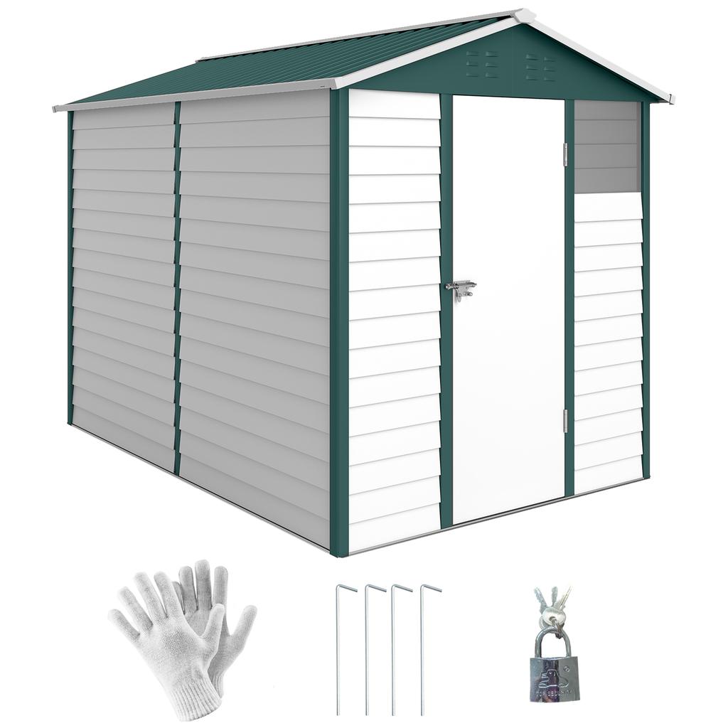 9x 6FT Metal Outdoor Garden Shed, Galvanised Tool Storage Shed W/ Sloped Roof, Lockable Door for Patio Lawn, Green