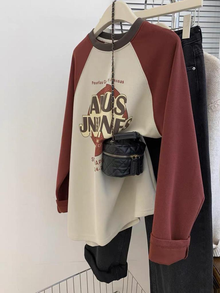 European-Style Plus Size 240 Jin Brushed Raglan Contrast Long Sleeve Women's Thermal Fleece Top for Early Spring/Autumn