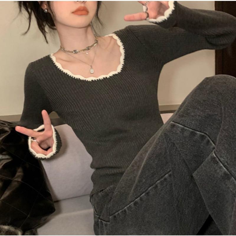 

Big round neck retro temperament contrasting color slim-fitting bottoming top autumn design sense with knitted pullover sweater inside one size fits all серый