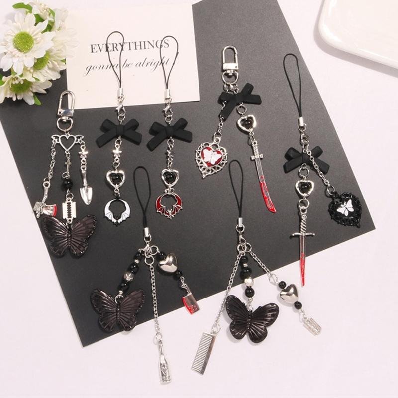 Trendy Phone Lanyard Gothic Style Butterfly Heart Keychain Pendant Durable Phone Strap Portable Phone Accessory for Keys