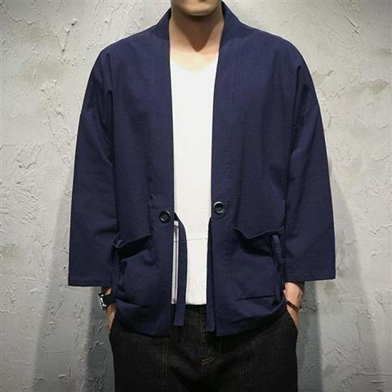 Herren Chinesischer Stil Dreiviertelarm Tang Anzug Kimono Leinen Strickjacke