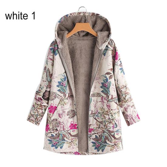 Flower Leaf Printed Women Autumn Winter Warm Hooded Pocket Coat Zipper Overcoat