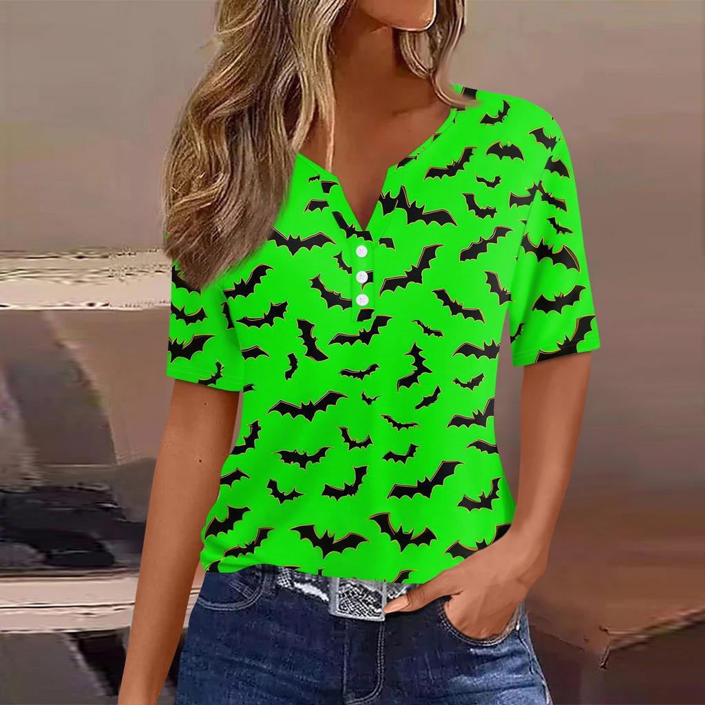Women's T Shirt Halloween Print Button Short Sleeve Daily Weekend Fashion Basic V- Neck Regular Top
