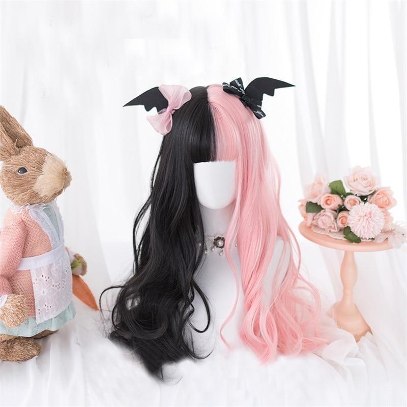 Black Pink Gothic Lolita Wig Long Wavy Heat Safe Wigs Facial Hair