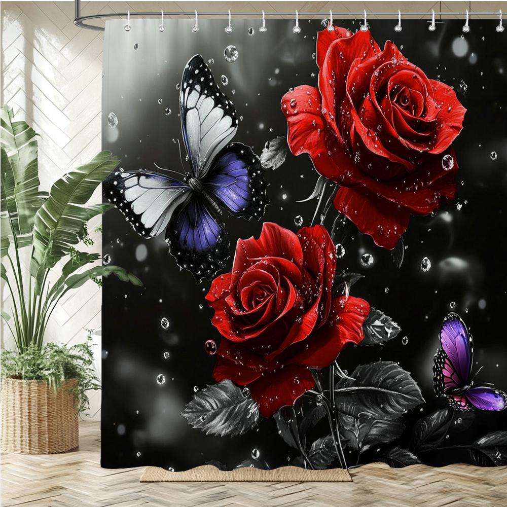 Shiny Rose Flower Style Printed Fabric Shower Curtain Bathroom Curtain,Valentine'S Day Home Decoration Curtain With Hooks