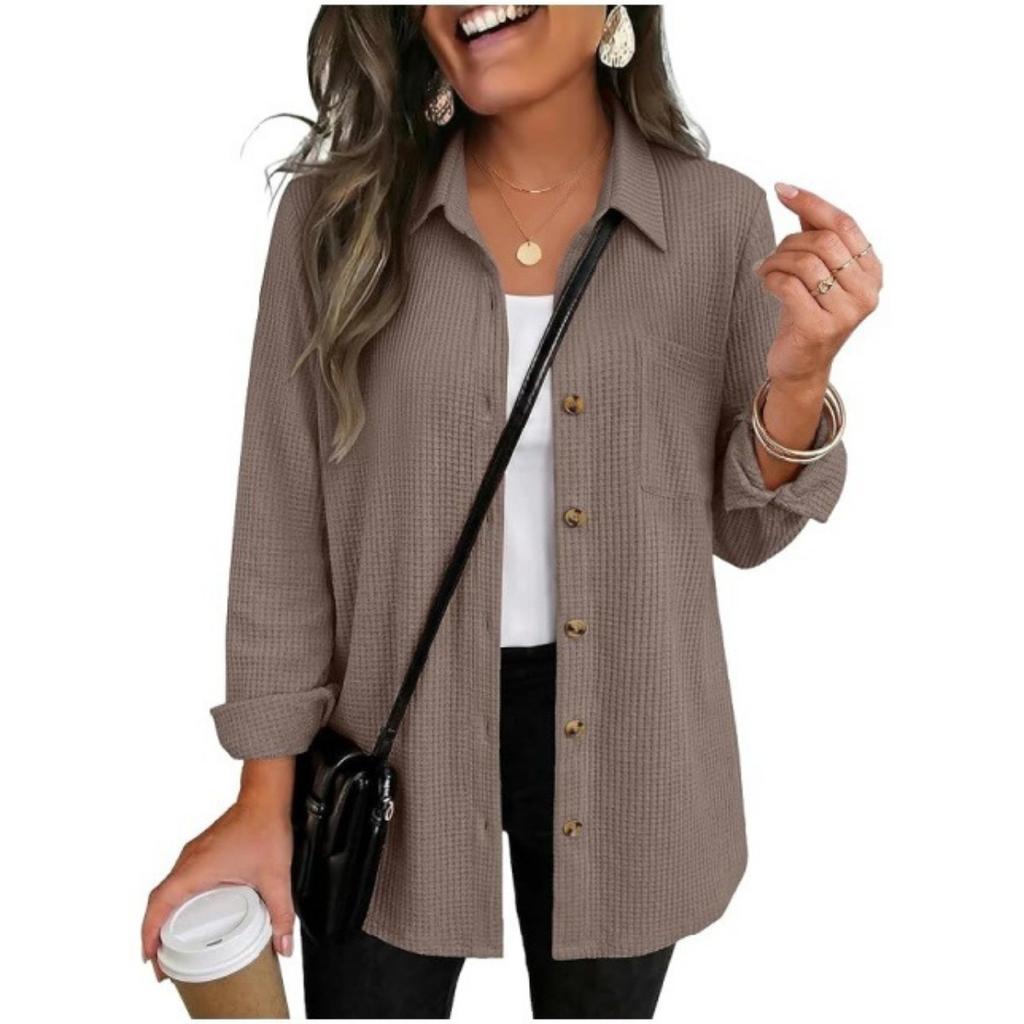 Fall New Arrival Waffle Texture Button Cardigan, European American Style Simple Versatile Casual Long Sleeve Shirt