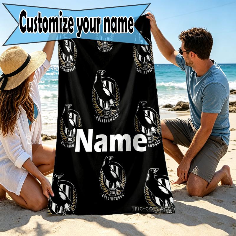 Personalisierbares Strandtuch mit individuellem Namen und Collingwood Magpies Print, für Reise, Camping, Strandparty, Heimdekoration, Geburtstagsgeschenk für Familie & Freunde