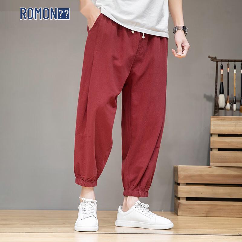 ROMON Men's Pure Cotton Drawstring Casual Cropped Pants