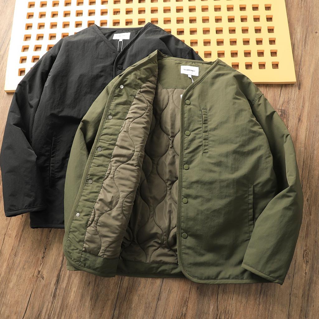 Men Collarless Quilted Liner Jacket Solid Color Button Down Lightweight Padded Coat
