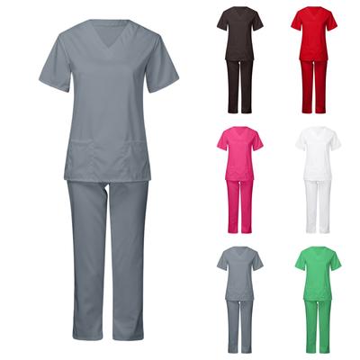 Dámska rýchloschnúca jednofarebná súprava nohavíc s krátkym rukávom s výstrihom do V a pracovným oblečením