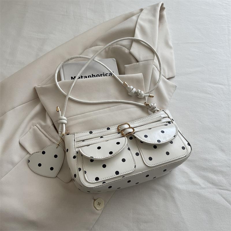 French Polka Dot Shoulder Bags for Women Simple Sweet Ladies Pu Crossbody Bag Retro Belt Design Handbags with Heart Pendant