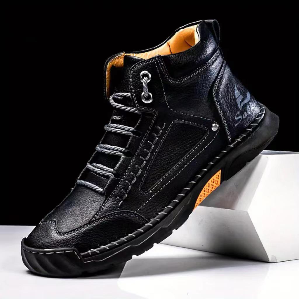 Men's High-Top Martin Boots: Large Size Leather, Handmade Stitching for Autumn/Winter
