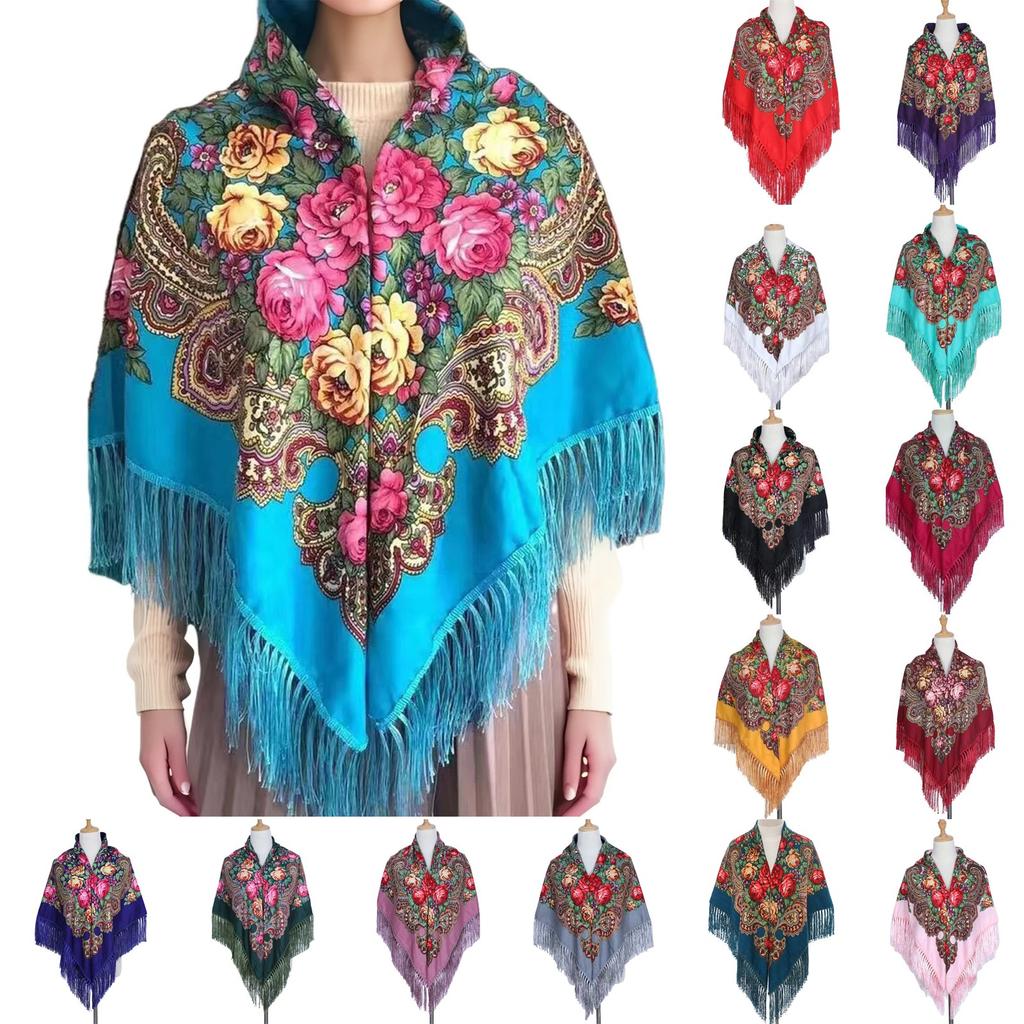 Ethnic Turban Head Wrap Scarf Women Vintage Travel Printed Tassel Shawl Outwear Printed Square Scarf