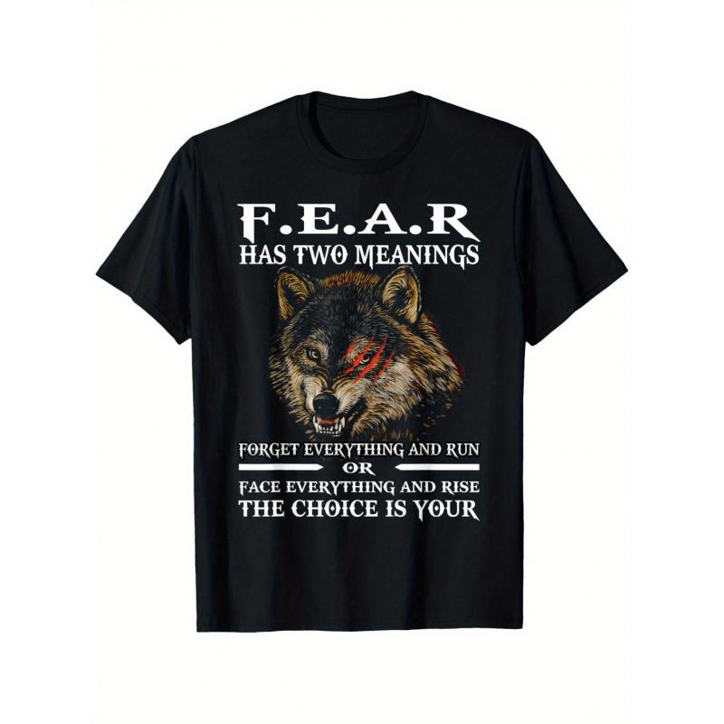 Men'S & Women'S Wolf Graphic T-Shirt with "Face It, Run" Motivational Quote - 200gsm Heavyweight, Bold FEAR Lettering & Wolf Design, S-XXXL Sizes,