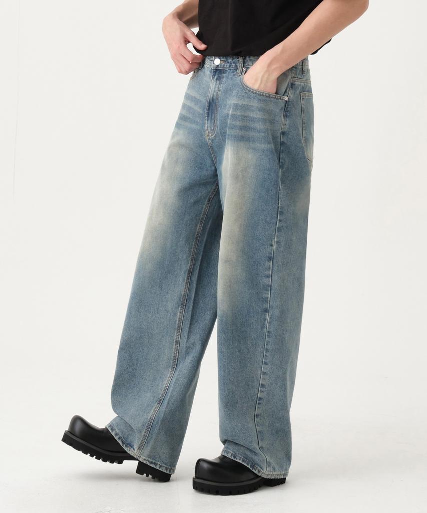 Akeusi Loose Washed Balloon Fit Wide Denim Pants Unisex (Vintage Blue)